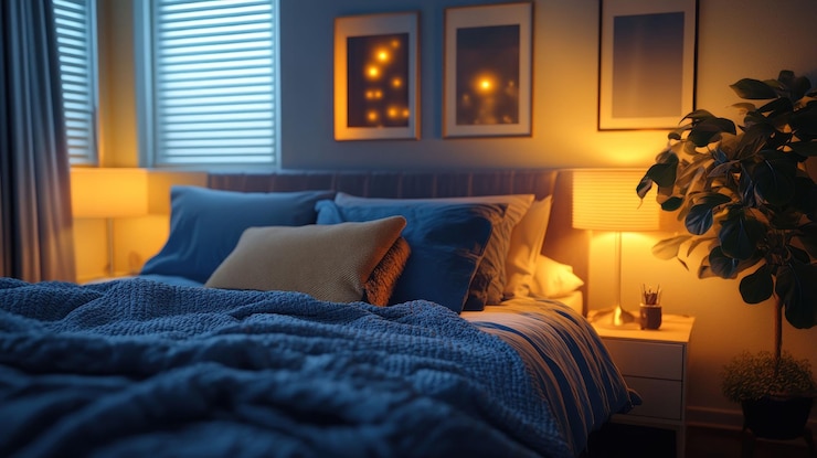 PSD cozy bedroom at night with warm lighting blue bedding and plants
