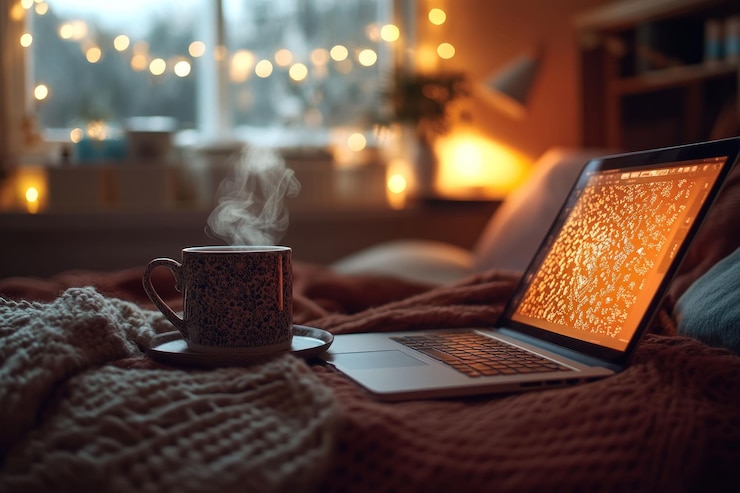 PSD cozy bedroom scene with laptop steaming mug and warm blanket