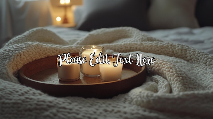 PSD cozy bedroom scene with three lit candles on a wooden tray nestled in a warm knit blanket
