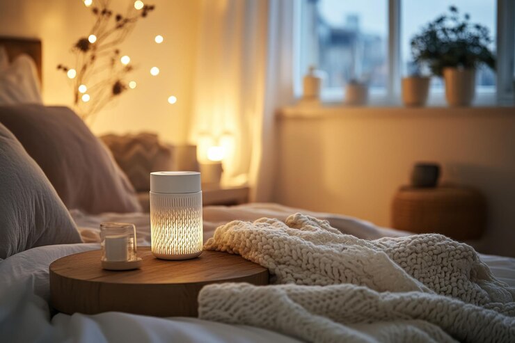 PSD cozy bedroom with aroma diffuser candle and knit blanket on wooden tray at night