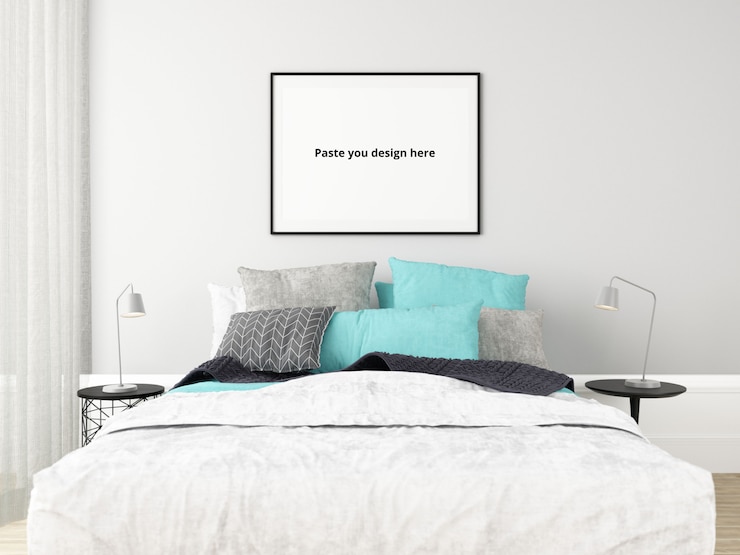 PSD cozy bedroom with poster mockup