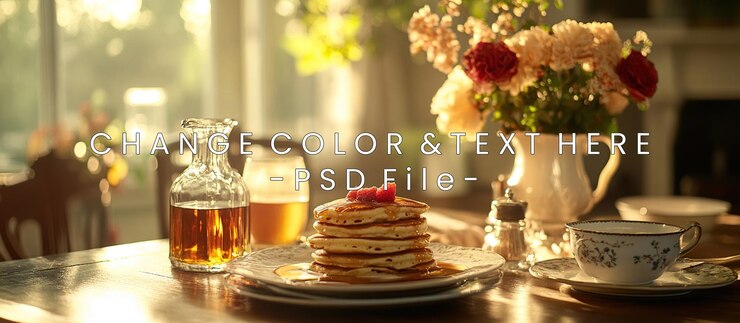 PSD パンケーキシロップと花をフィーチャーした快適な朝食シーン