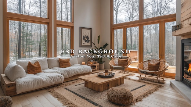 cozy cabin living room with stunning winter forest view
