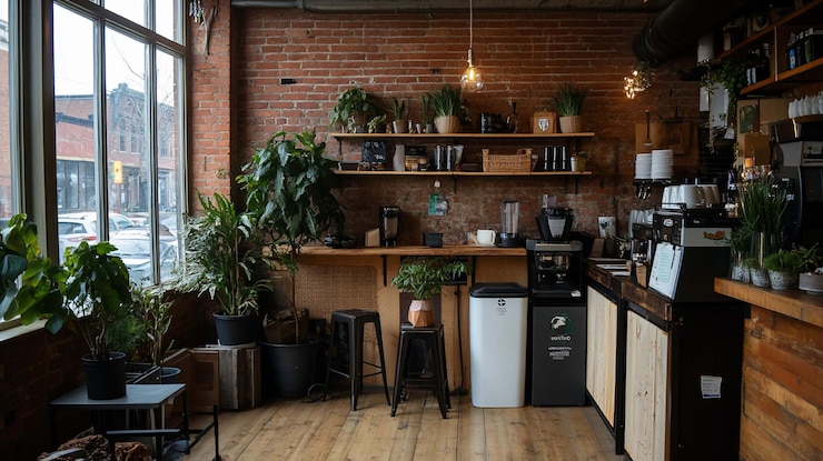 PSD cozy cafe interior with brick walls plants and wooden accents