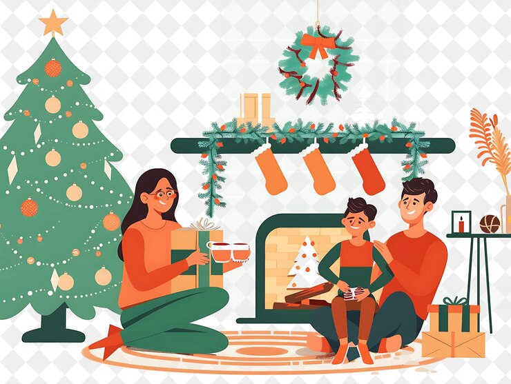PSD cozy christmas living room with family opening presents and illustration christmas art design