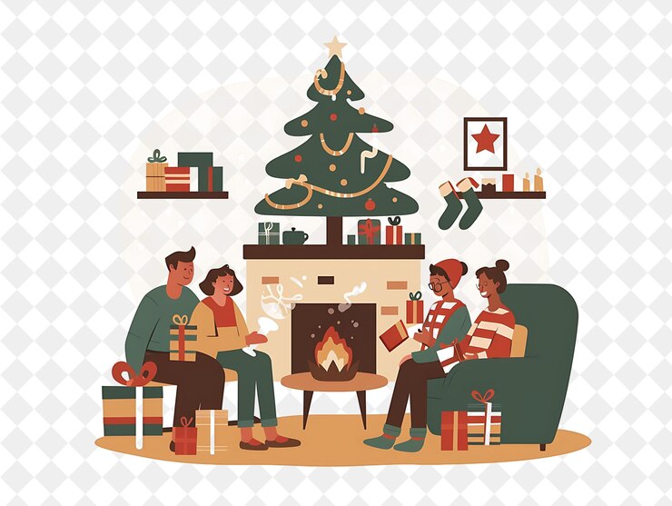 PSD cozy christmas living room with family opening presents and illustration christmas art design