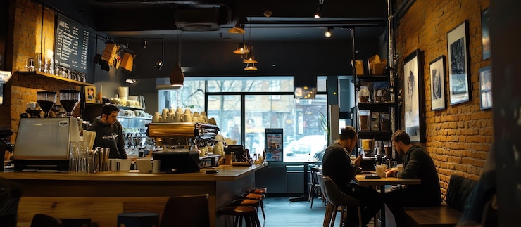 PSD cozy coffee shop atmosphere brick walls warm lighting and coffee brewing
