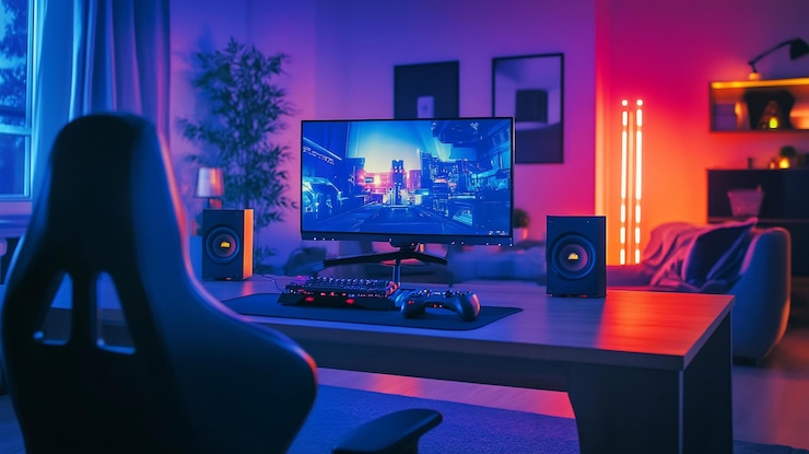 PSD cozy gamer setup with vibrant lighting and a computer screen displaying a game