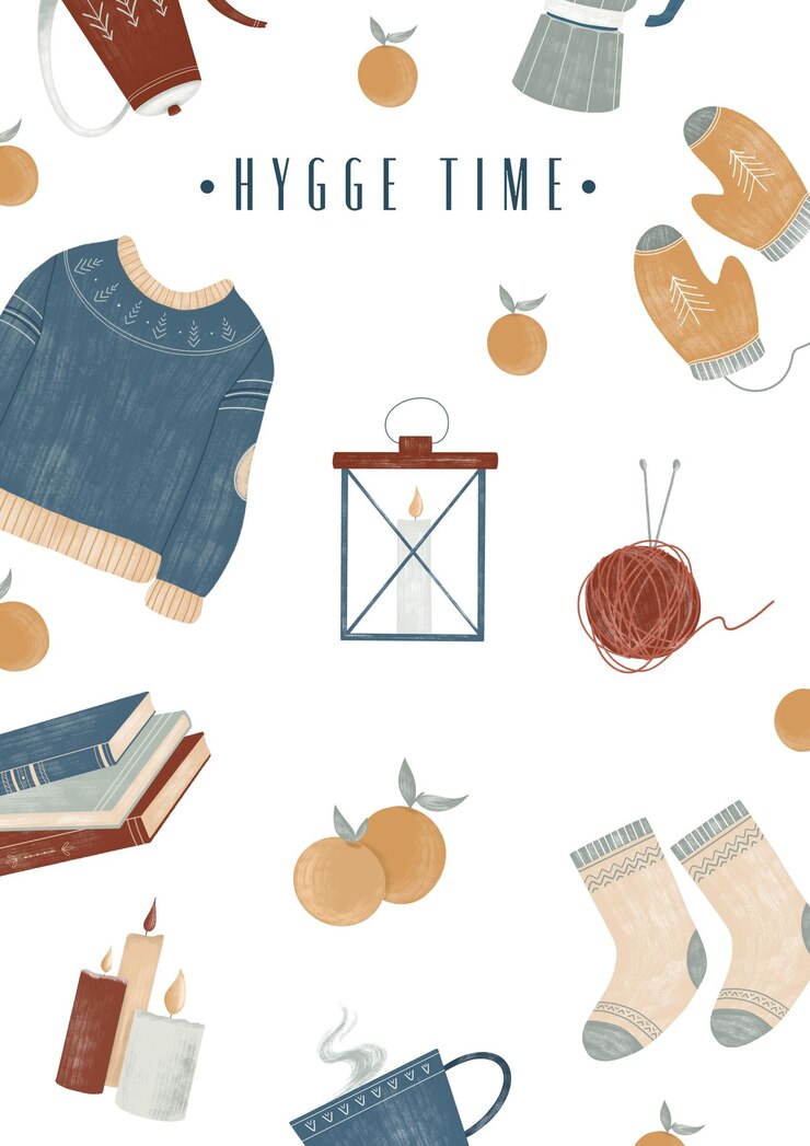 PSD cozy greeting card on white background with winter home elements clothes decor yarn