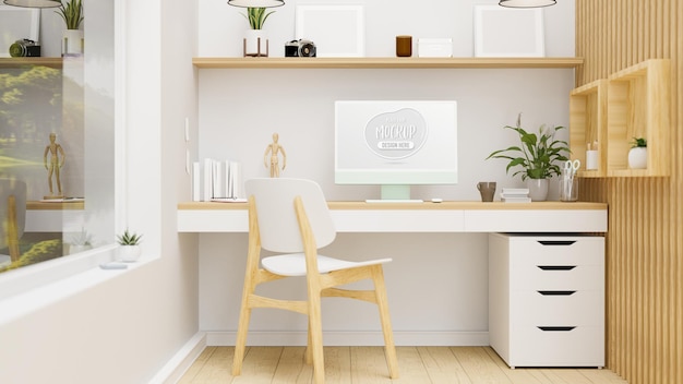 Уютный дизайн интерьера комнаты домашнего офиса с компьютерными украшениями и деревянной мебелью 3d рендеринг