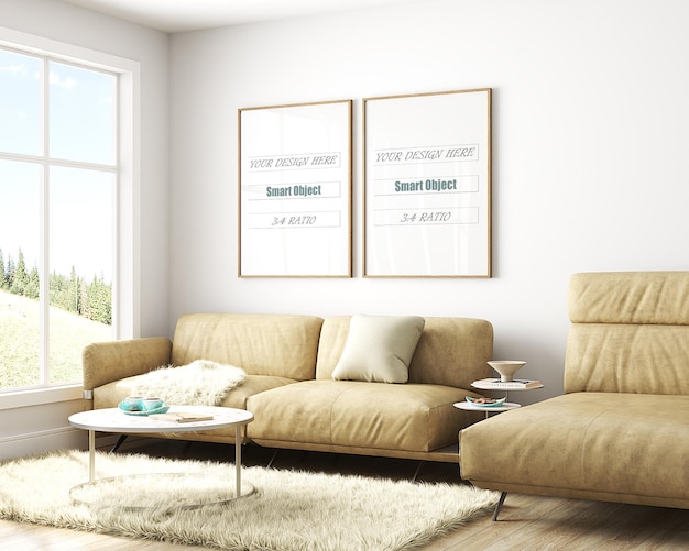 The cozy living room is designed in american style frame mockup