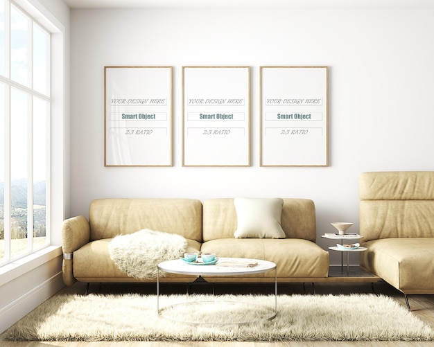 PSD the cozy living room is designed in american style frame mockup