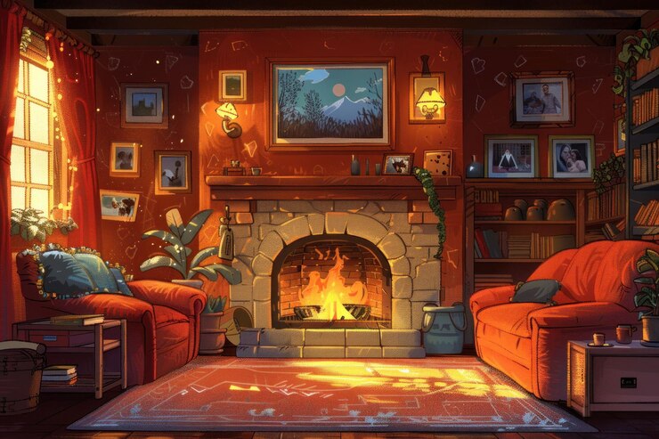 PSD a cozy living room with a fireplace two armchairs a rug and a bookshelf