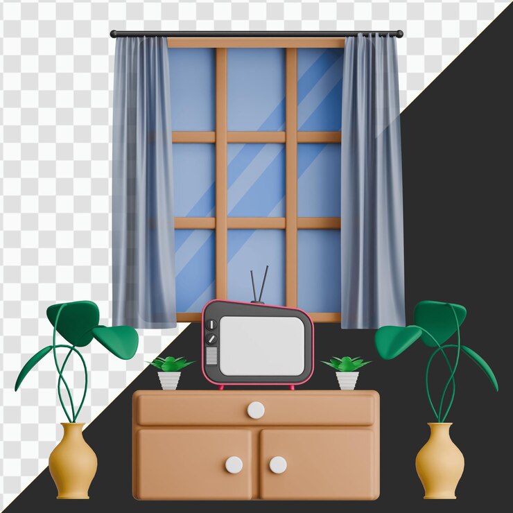 PSD cozy living room with tv and plants