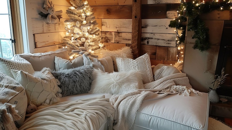 PSD cozy living room with a white sectional sofa fluffy pillows and a decorated christmas tree