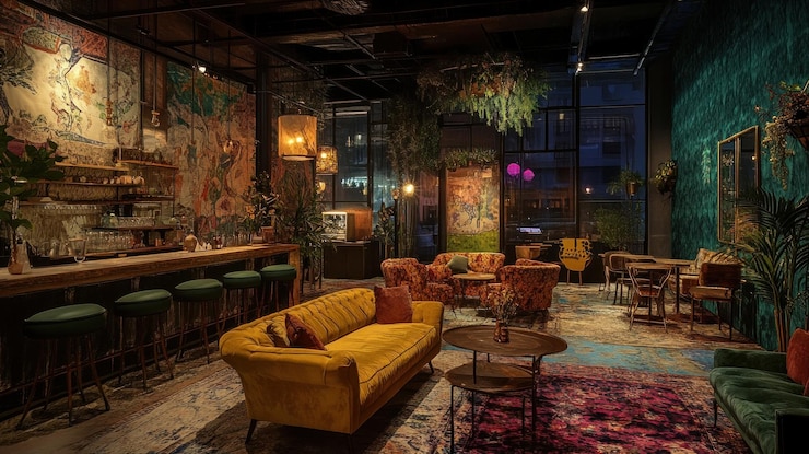 PSD cozy lounge with vibrant decor and seating areas