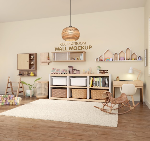 cozy minimalist interior kids playroom mockup design