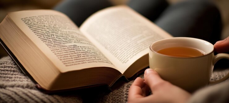 PSD уютный момент чтения чашка чая и книга
