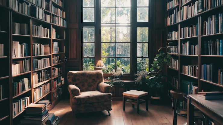 PSD a cozy reading nook in a library with a large window armchair and bookshelves filled with books