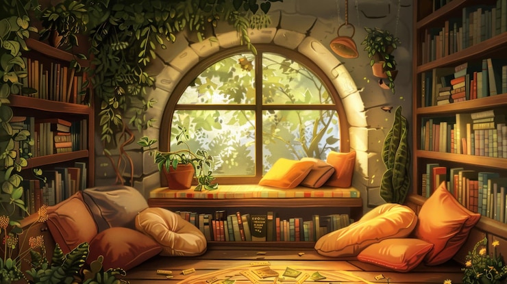PSD a cozy reading nook with a large arched window bookcases filled with books and a window seat with pillows
