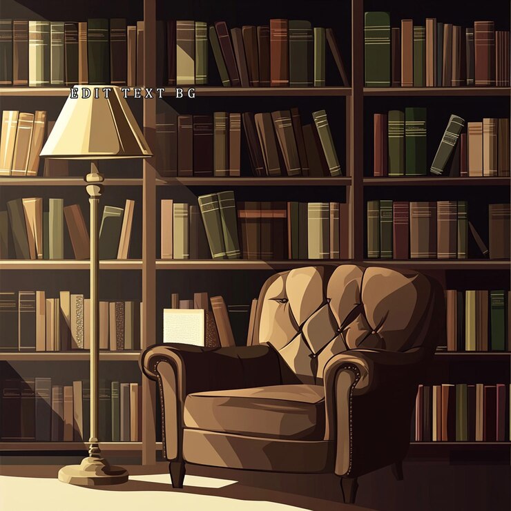 PSD cozy reading nook with leather armchair floor lamp and bookshelves filled with books