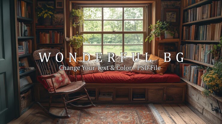 PSD a cozy reading nook with a rocking chair window seat and bookshelves filled with books