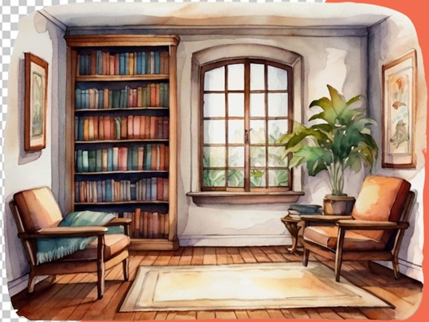Cozy reading room watercolor clip art