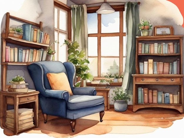 PSD cozy reading room watercolor clip art