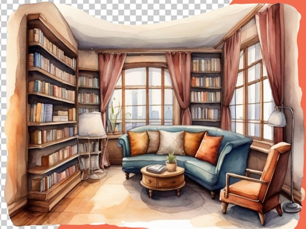 Cozy reading room watercolor clip art