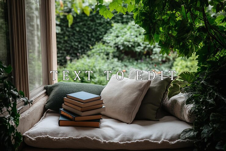 PSD cozy window seat with books and pillows overlooking a lush garden