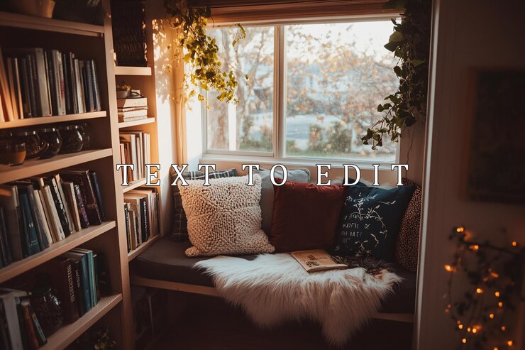 PSD cozy window seat with bookshelves pillows and a book