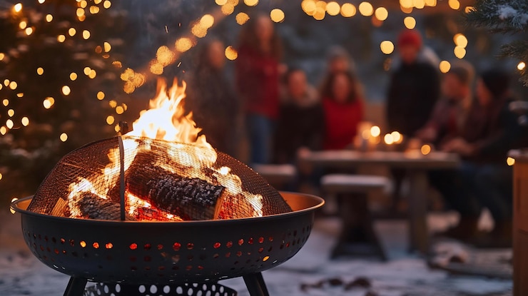 PSD cozy winter bonfire with friends enjoying warm drinks and festive lights