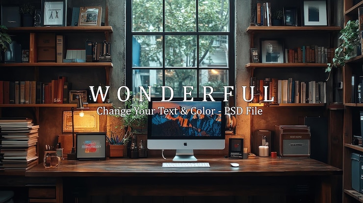 PSD cozy work space with mountain view