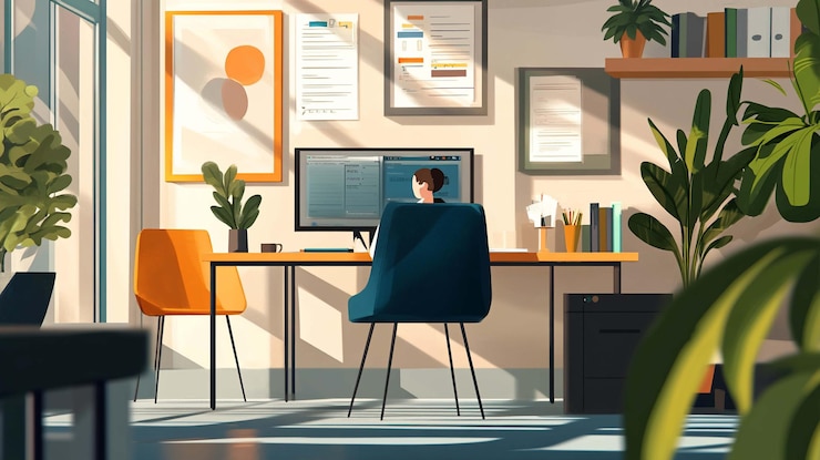 PSD cozy workspace interior with woman working at a desk filled with plants and natural light
