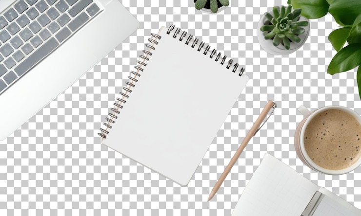 PSD a cozy workspace with a blank notebook warm coffee and lush greenery for creative inspiration