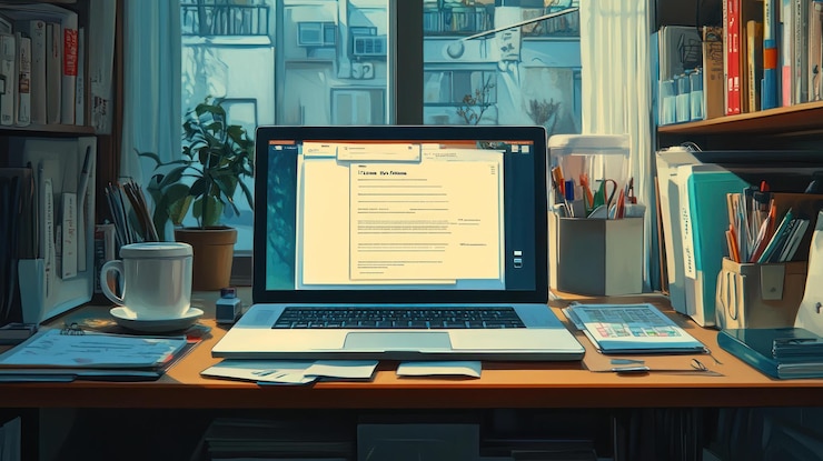 PSD a cozy workspace with a laptop coffee and books with a window view of a cityscape