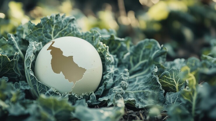 PSD cracked planet egg in green cabbage patch a symbol of fragile ecosystem