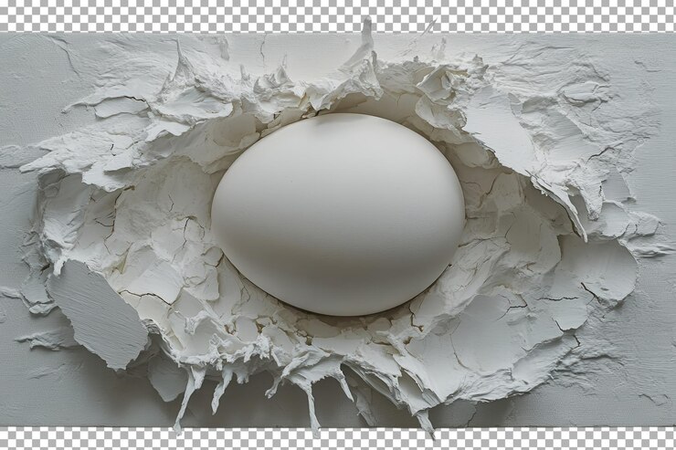 PSD a cracked white egg emerging from textured plaster on a minimalist background