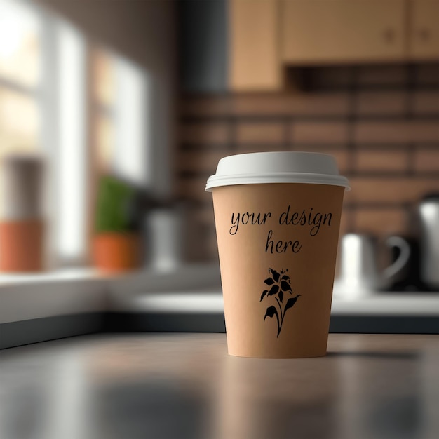 Craft coffee cup mockup in a kitchen