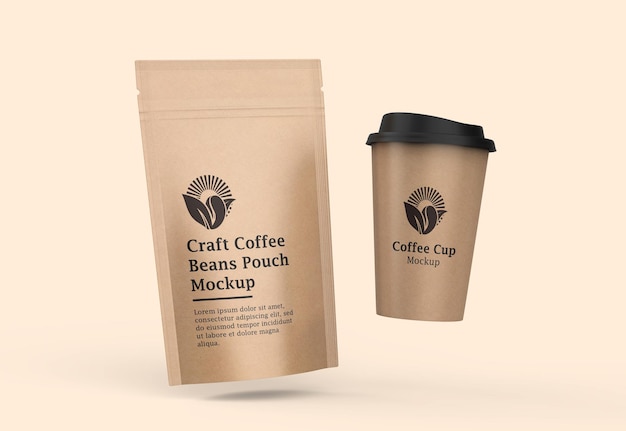 Craft Paper Coffee Pouch Bag z filiżanką kawy Mockup