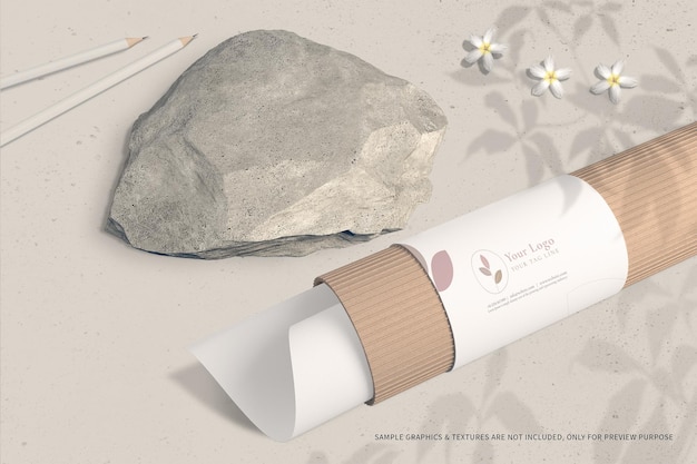PSD craft paper tube mockup with shadow overlay