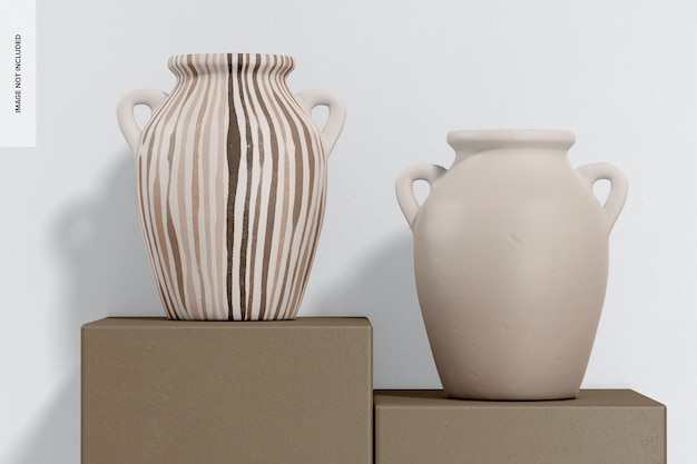 PSD crafted large vases mockup on podiums