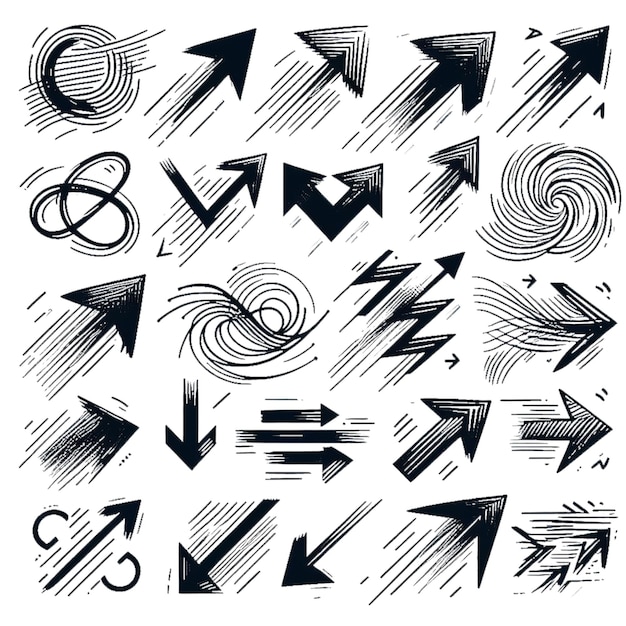 crafting a collection of scribble arrow strokes in varied sizes and directions