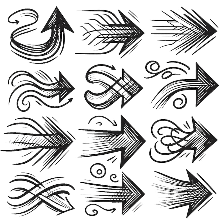 PSD crafting a collection of scribble arrow strokes in varied sizes and directions