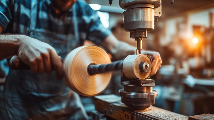 PSD craftsman using lathe to shape wood