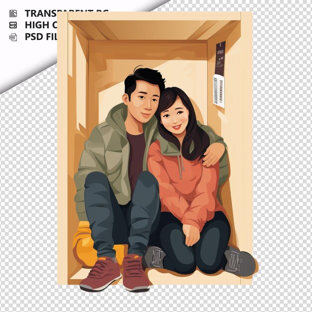 PSD cramped asian couple flat icon stijl witte achtergrond iso