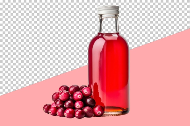 Cranberry syrup in a glass bottle next to a handful isolated object transparent background