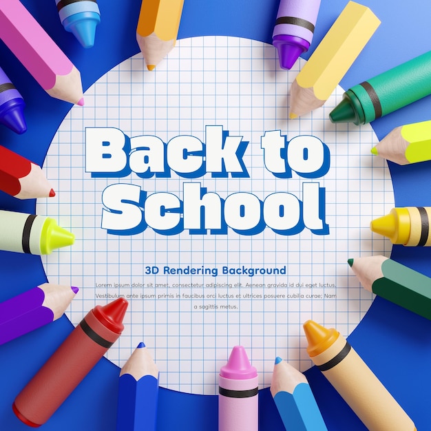 Crayon and color pencils on paper back to school concept in flat lay style 3D illustration