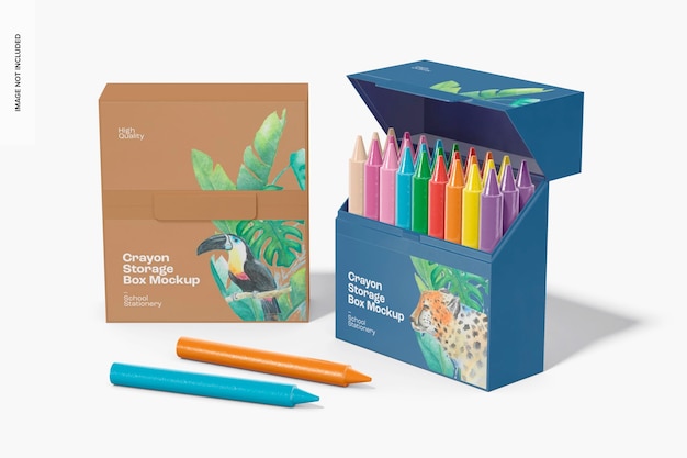 PSD crayon storage boxes mockup, opened and closed