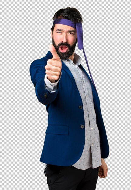 Crazy and drunk businessman with thumb up